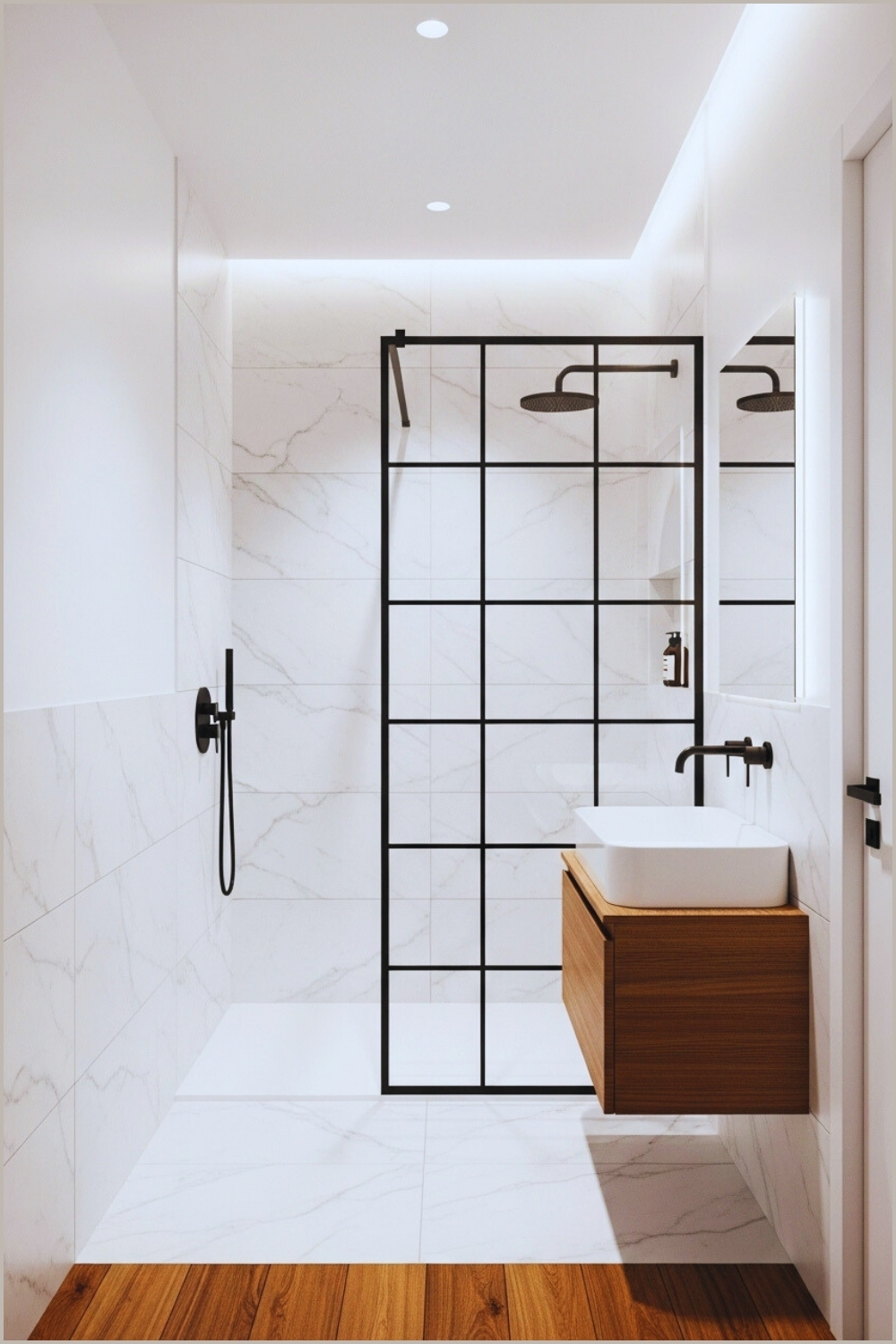 Minimal, Long Narrow Bathroom, White Marble Tile, Black Grid Shower Glass