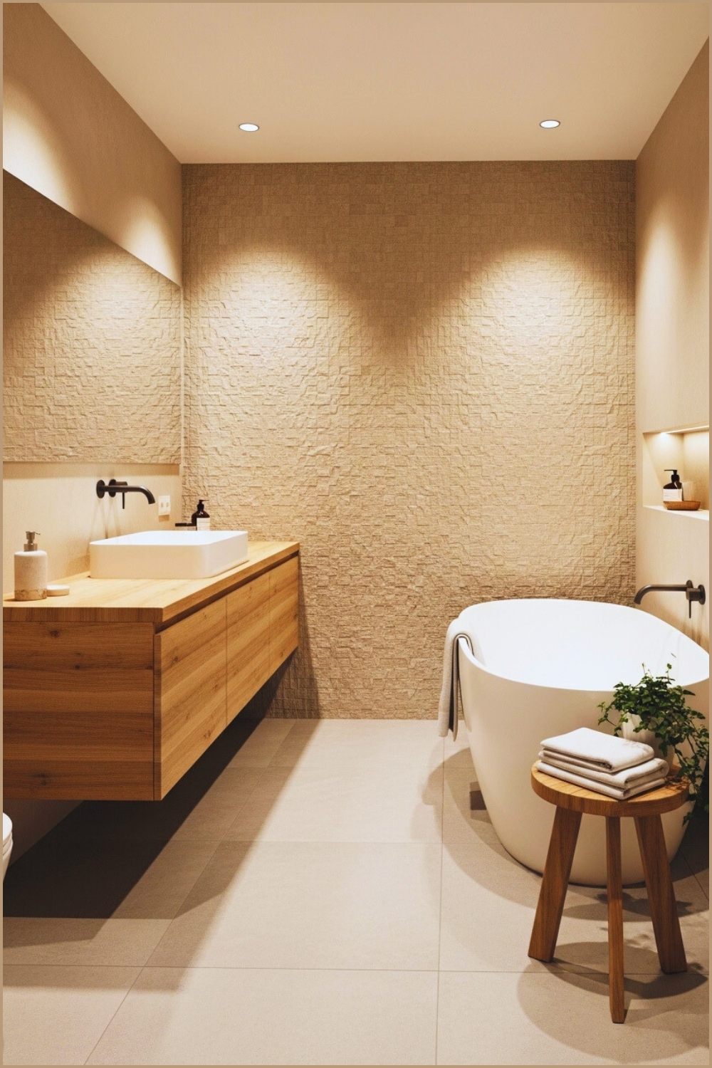 Minimal Modern Bathroom In Warm Neutrals, Textured Accent Wall