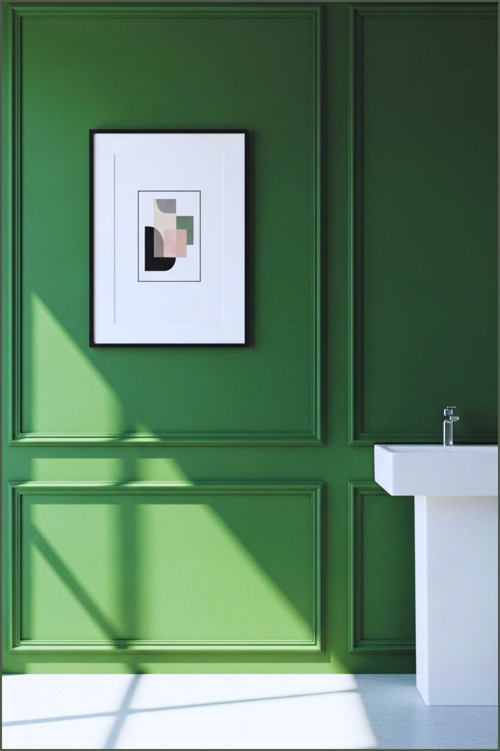 Minimal Modern Bathroom Interior, Deep Green Paneled Wall