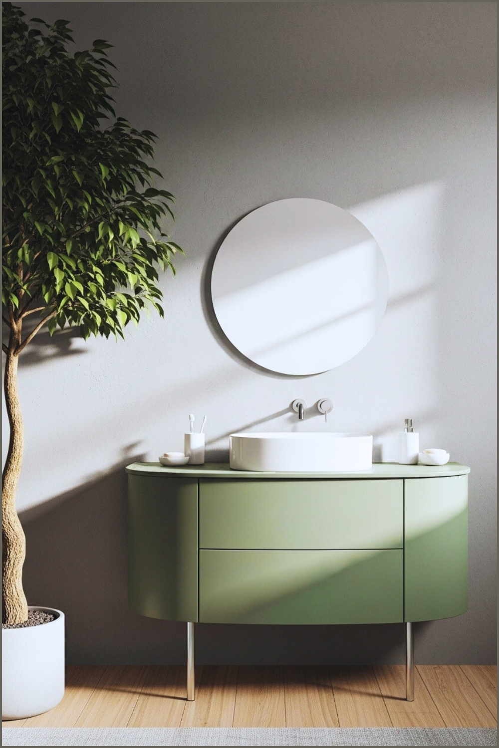 Minimal Modern Bathroom, Sage Green Curved Vanity With Chrome Legs