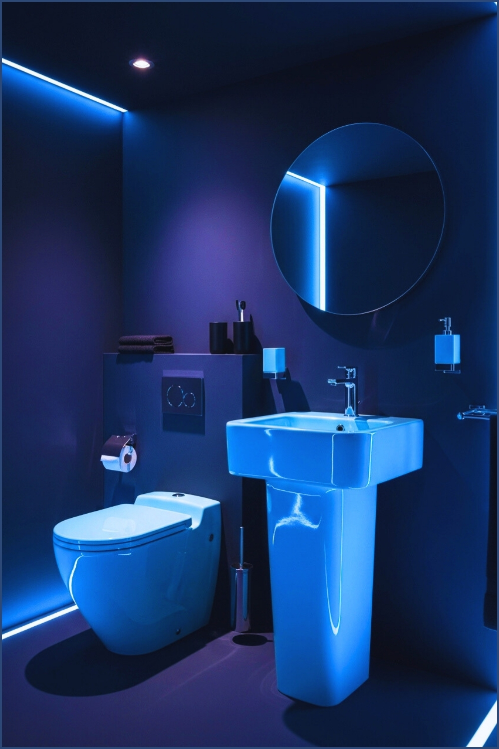 Minimal Modern Bathroom With Deep Navy Walls And Bright Glossy Sky-blue Toilet