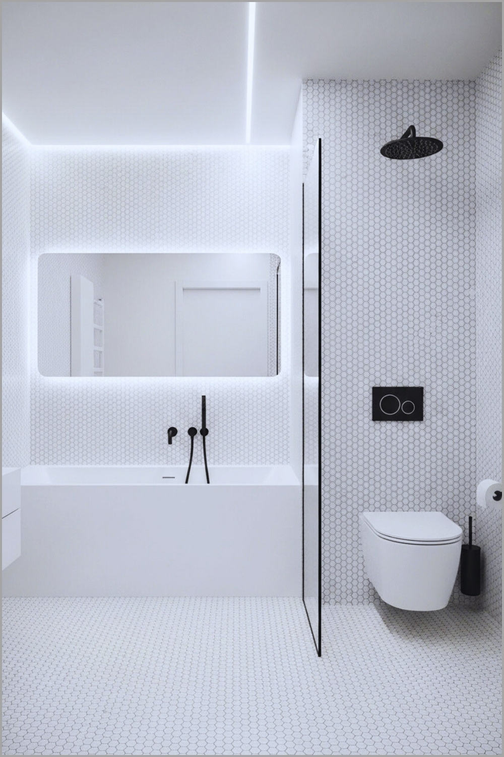 Minimal Modern Bathroom With Full White Penny-tile Walls And Floor