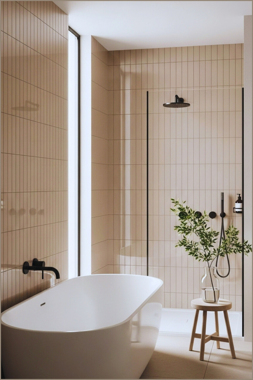 Minimal Modern Bathroom With Glossy Vertical Beige Tiles
