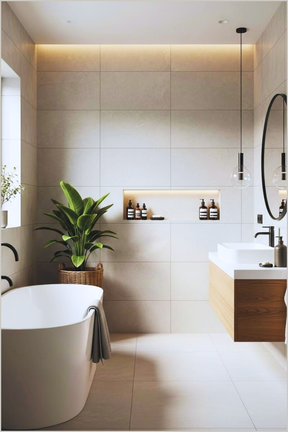 Minimal Modern Bathroom With Smooth Light Gray Stone Tiles