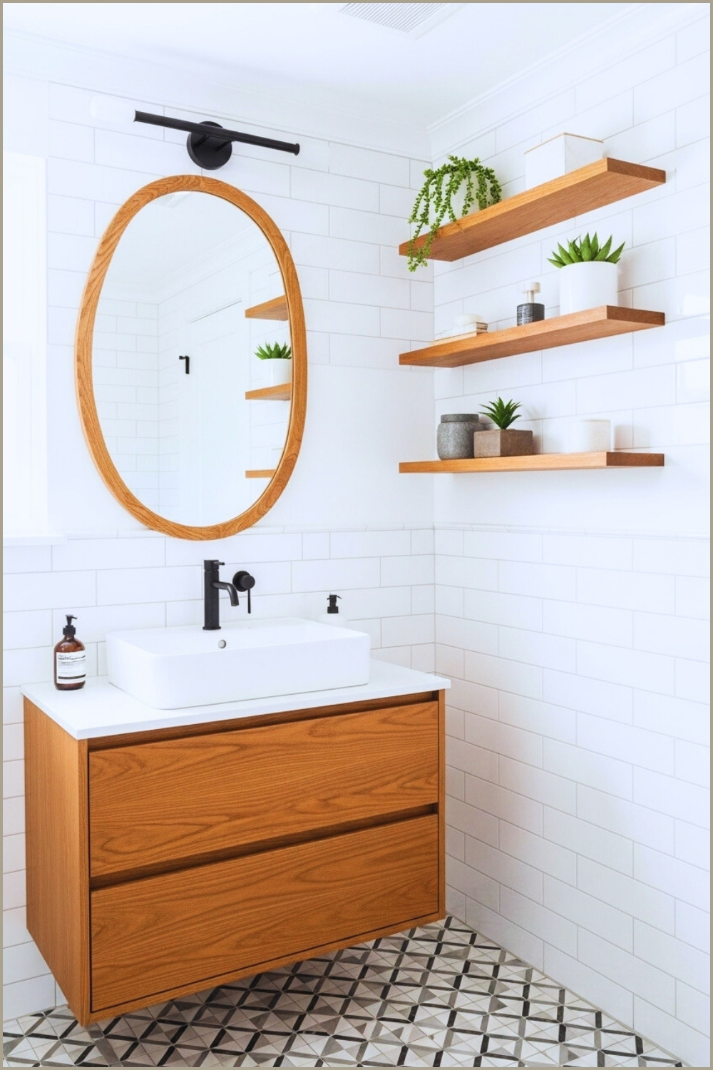 Minimal Modern Farmhouse Bathroom, Wood Vanity With White Sink