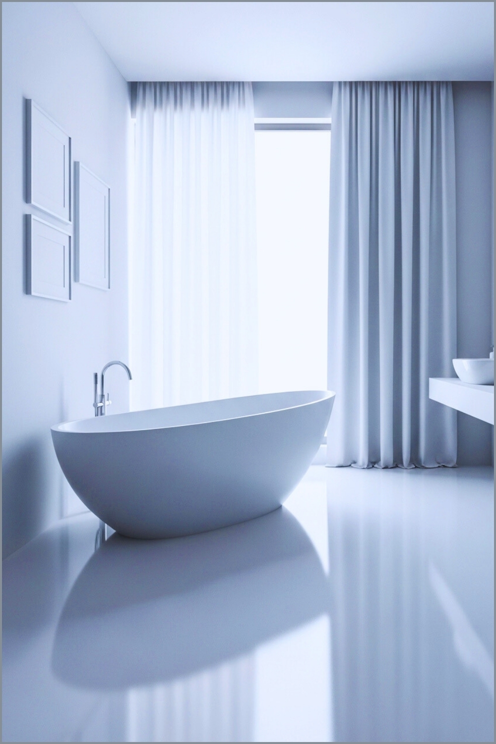 Minimal Modern White Bathroom, Sculptural Freestanding Bathtub