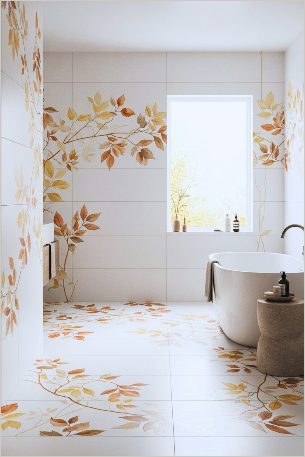 Minimal Natural Bathroom With White Matte Tiles, Subtle Botanical