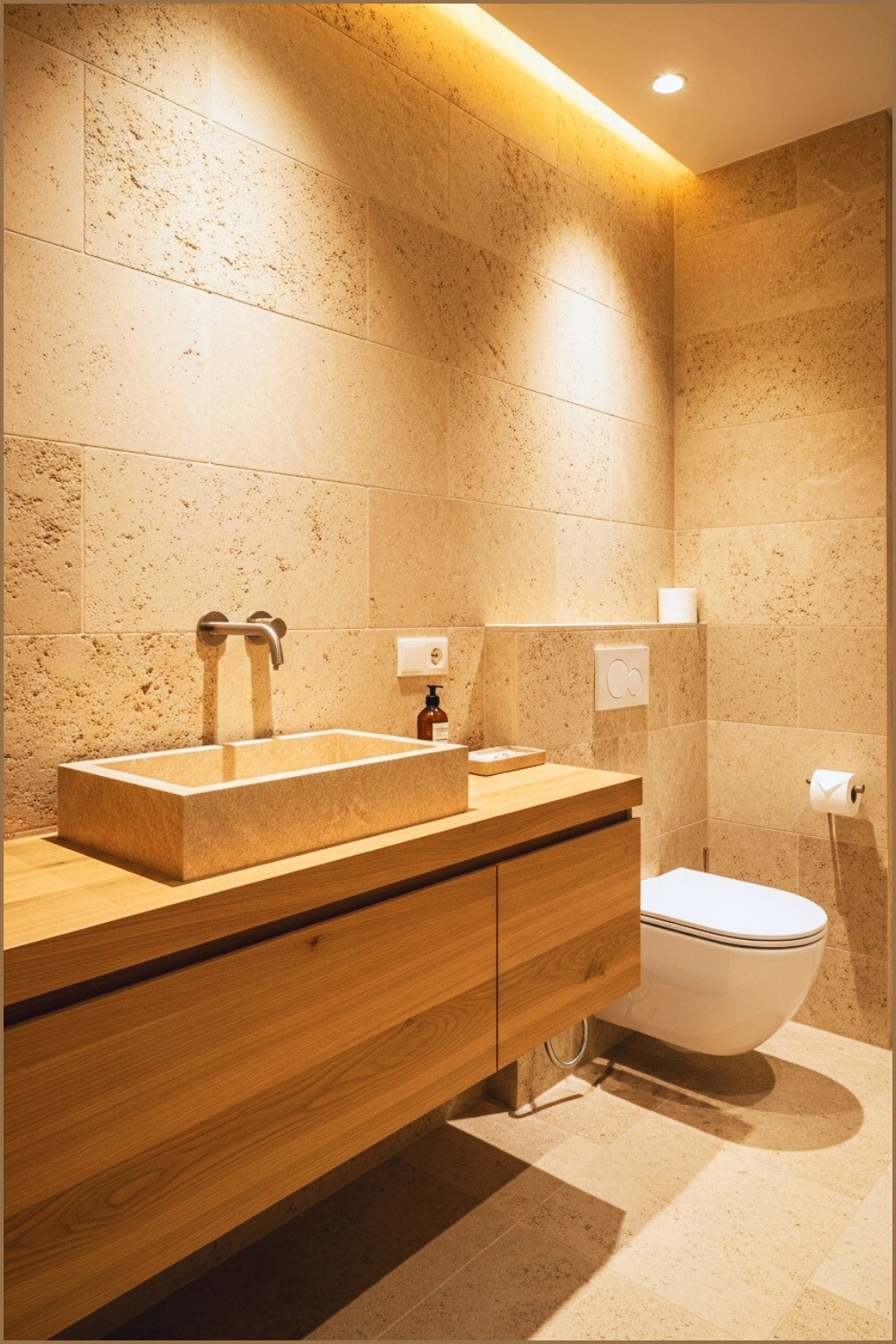 Minimal Natural-stone Bathroom, Beige Textured Walls