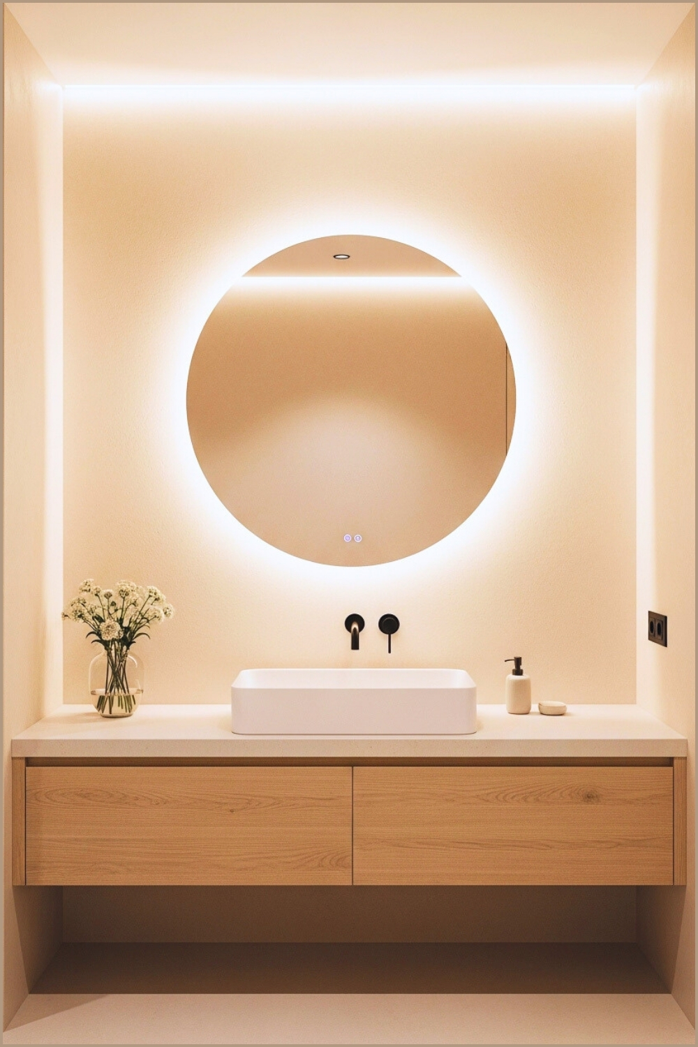 Minimal Neutral Bathroom With Floating Light-wood Vanity