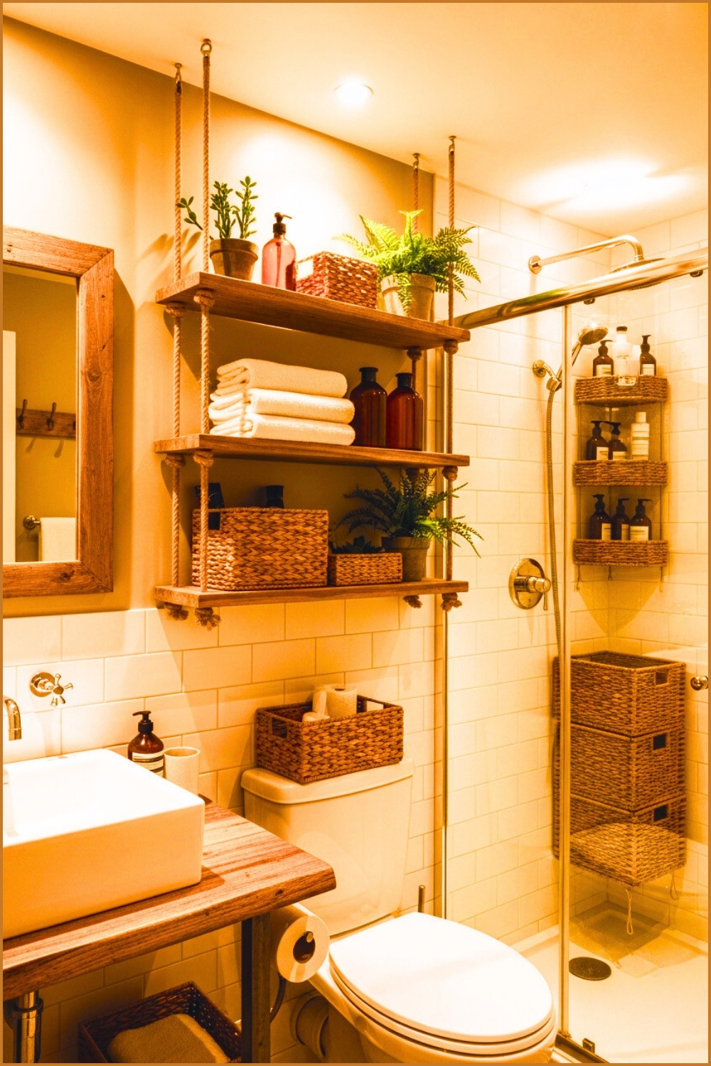 Minimal Rustic Bathroom Shelving With Hanging Rope Supported Wooden
