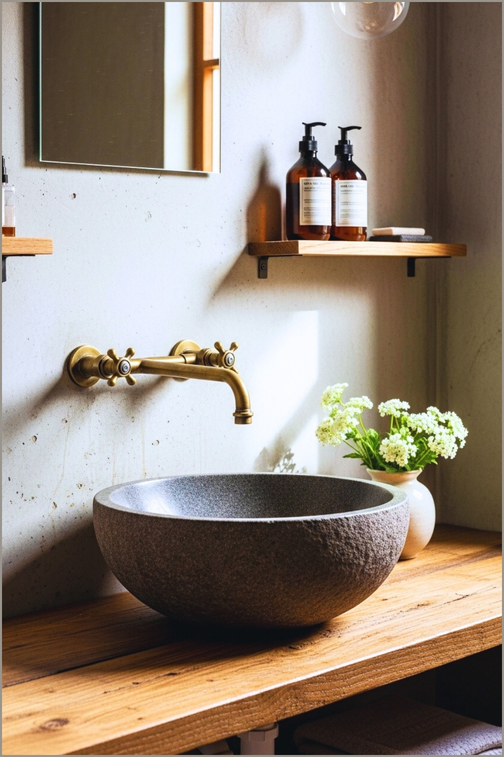 Minimal Rustic Bathroom With A Weathered Stone Bowl Sink