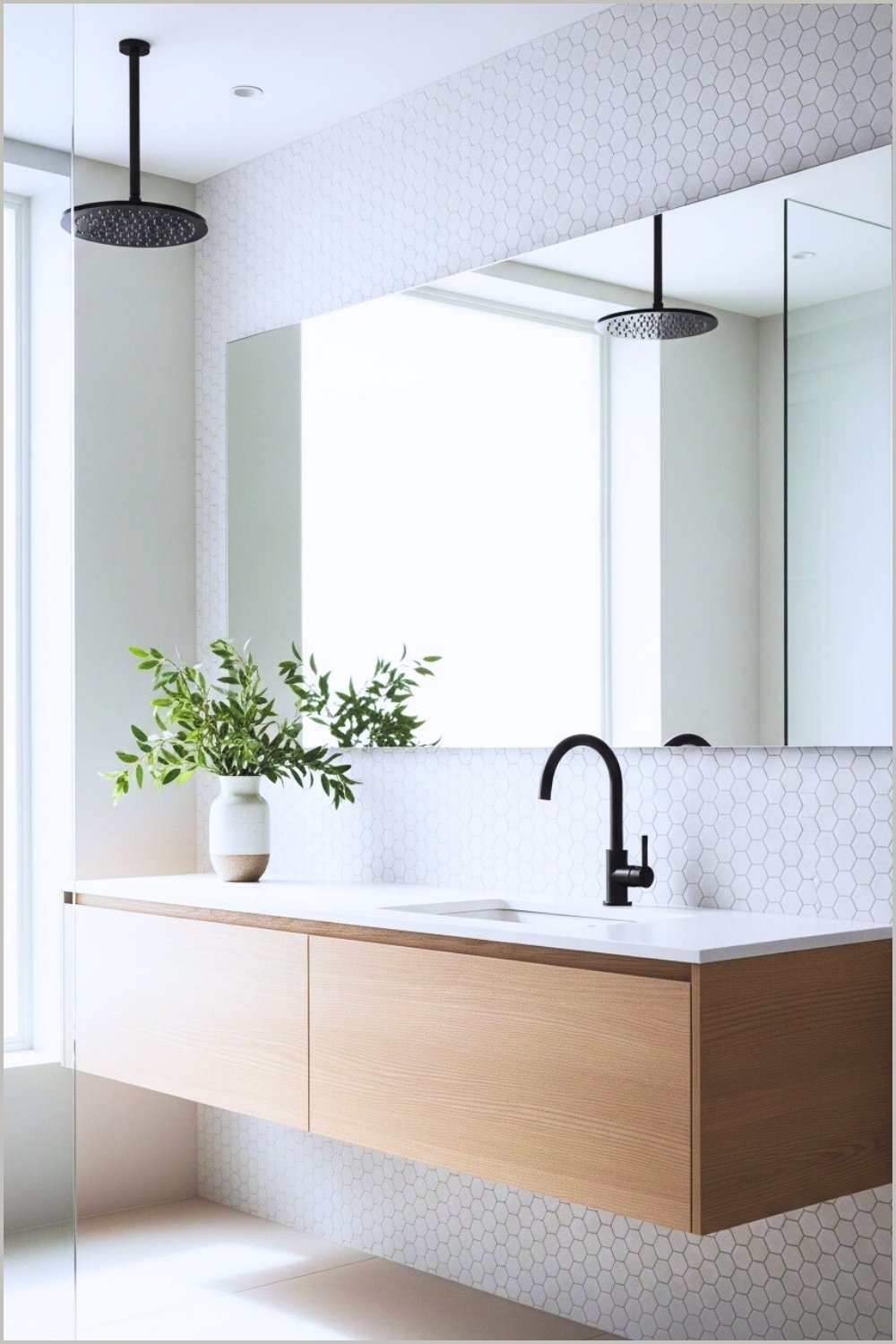 Minimal Scandinavian Bathroom With White Hexagon Tile Wall