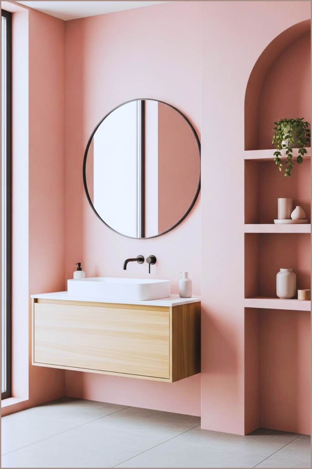 Minimal Soft Pink Bathroom With Floating Vanity
