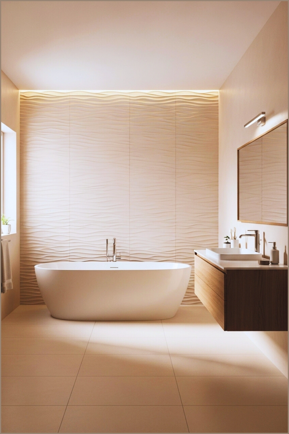 Minimal Spa Bathroom With Soft Beige Palette, 3d Wavy Textured Wall Tiles