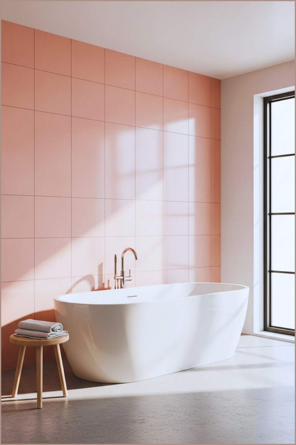 Minimal Spa-like Bathroom In Soft Blush Pink, Freestanding White Tub