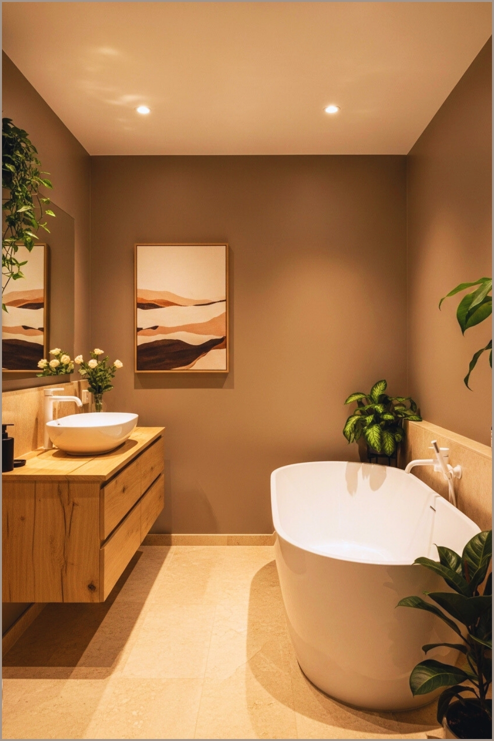 Minimal Taupe-toned Bathroom, Freestanding White Oval Tub