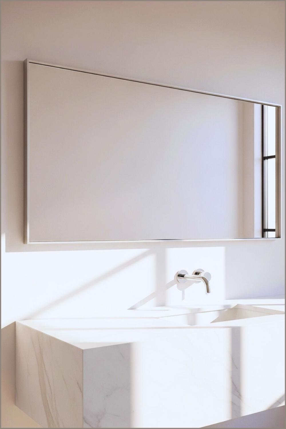 Minimal White Bathroom, Large Frameless Rectangular Mirror
