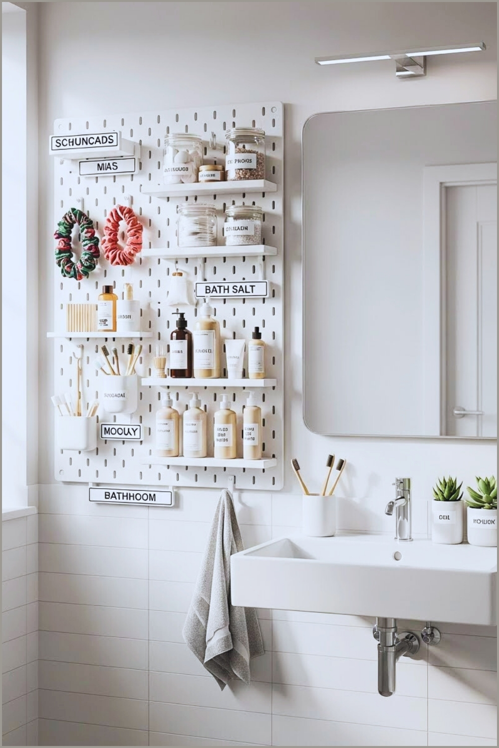 Minimal White Bathroom With A Wall-mounted White Pegboard