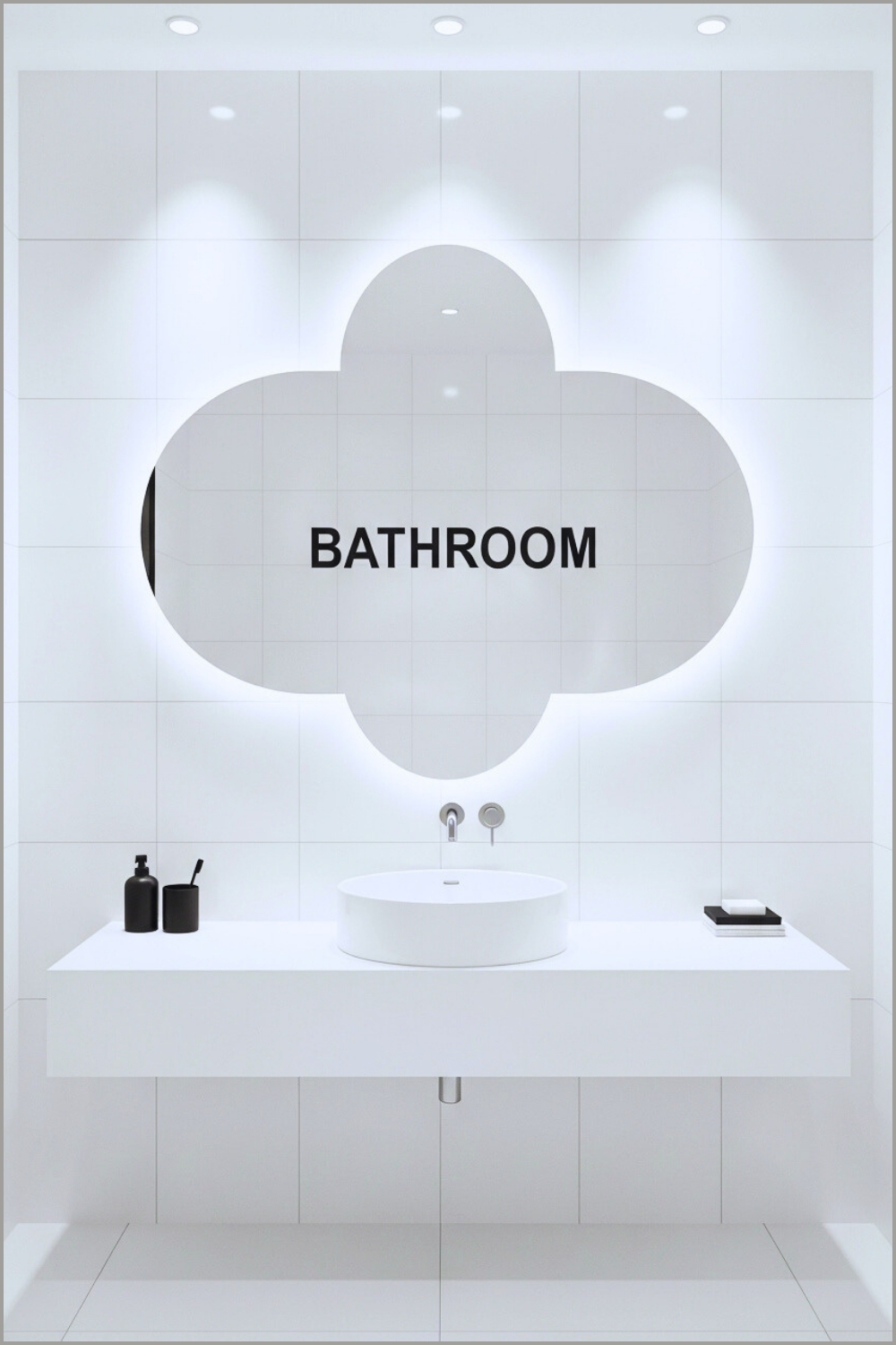 Minimal White Bathroom With Large Oval Mirror Featuring Decorative