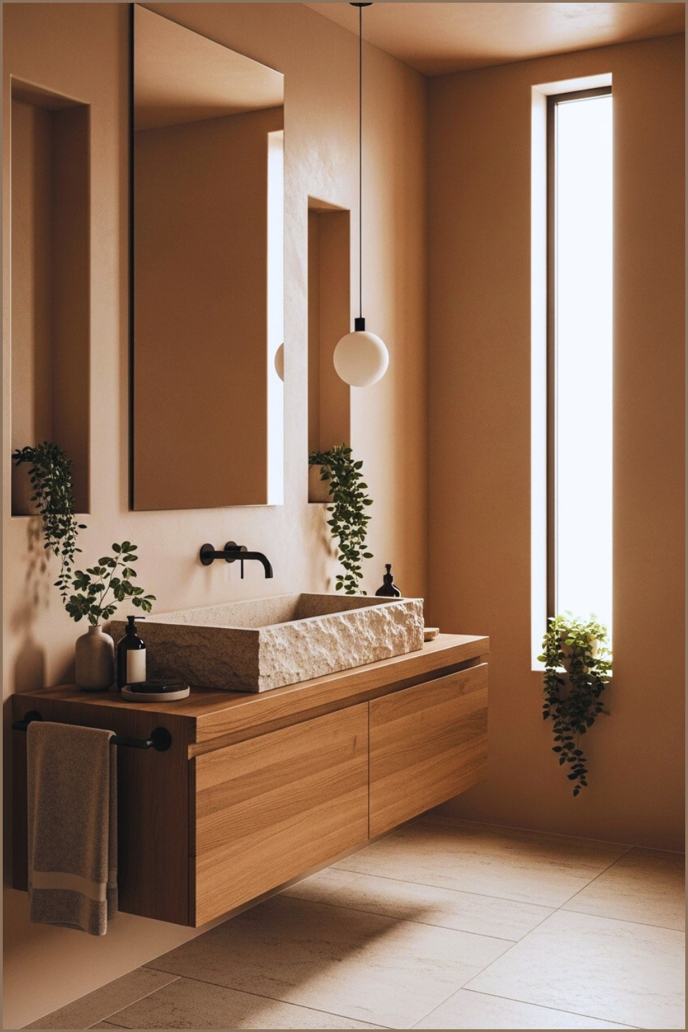 Minimalist Bathroom In Warm Earthy Tones, Built-in Stone Sink