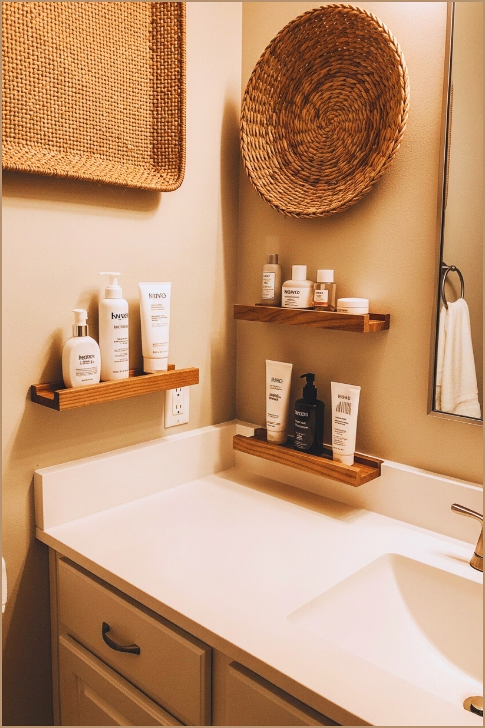 Minimalist Bathroom Vanity With Small Wooden Ledge Shelves Holding