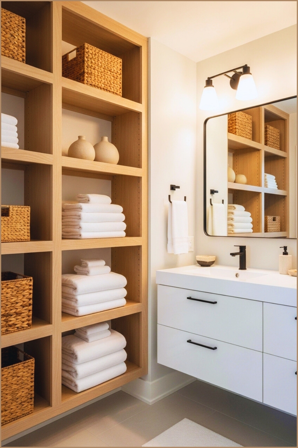 Minimalist Bathroom With Built-in Natural Wood Shelving
