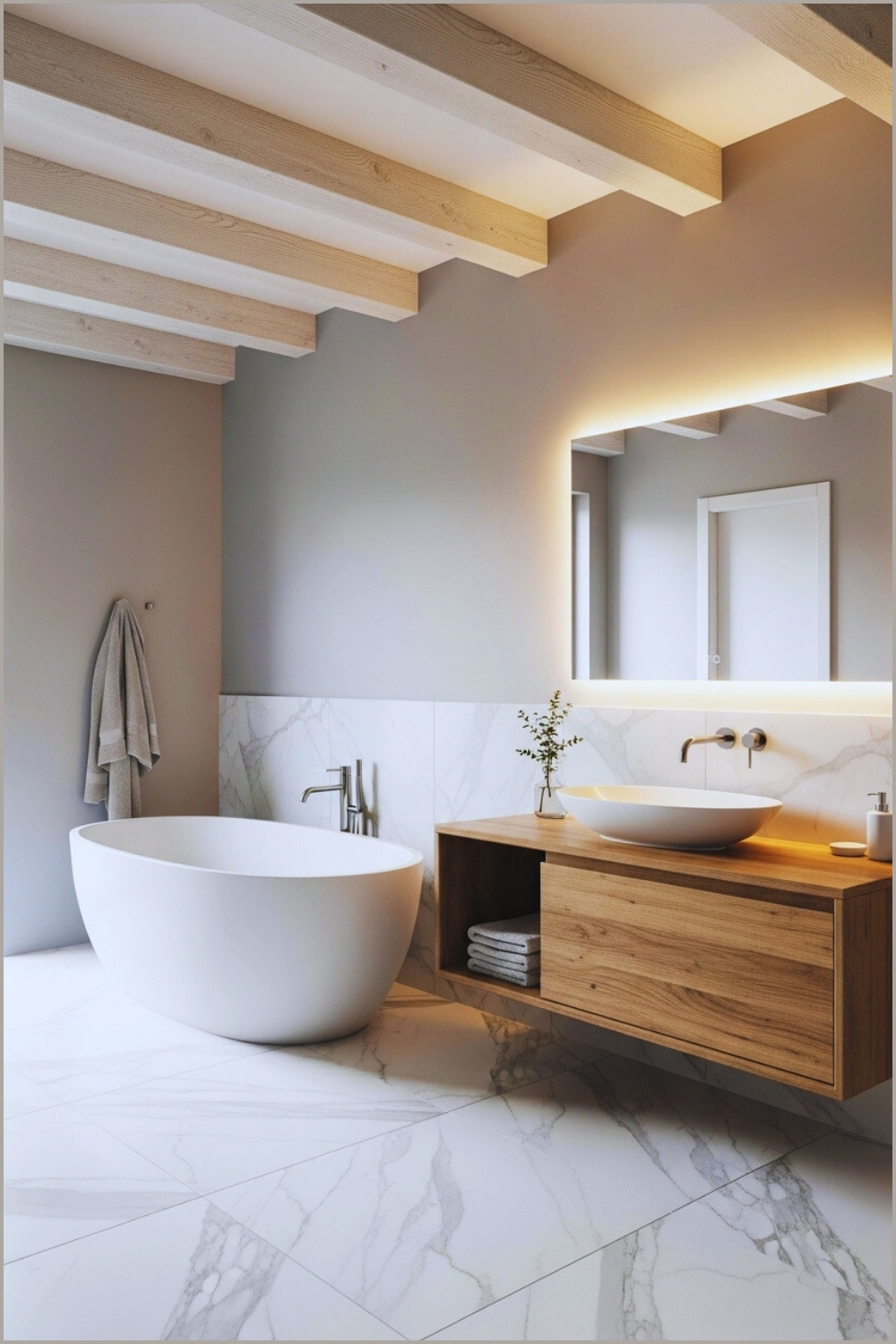 Minimalist Bathroom With Exposed Wooden Ceiling Beams