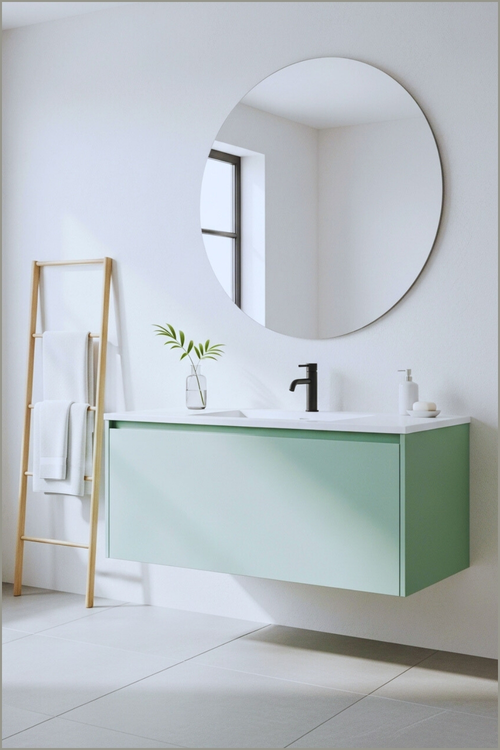 Minimalist Bathroom With Mint Green Floating Vanity
