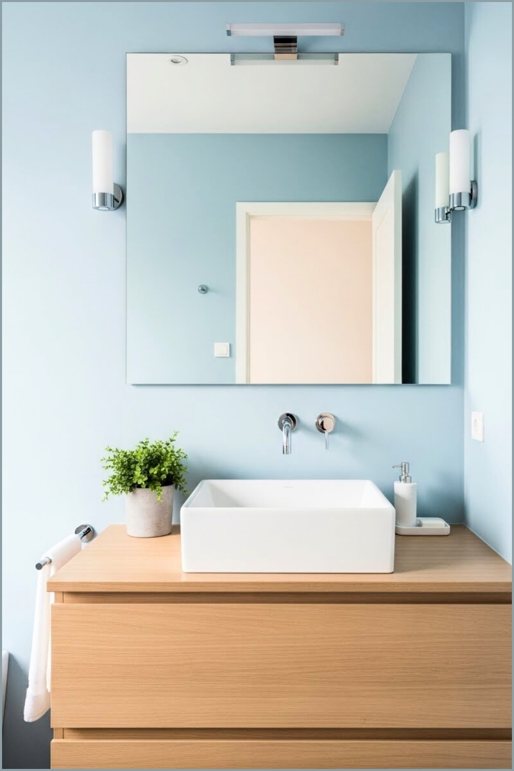 Minimalist Bathroom With Soft Blue Walls, Wooden Vanity Base