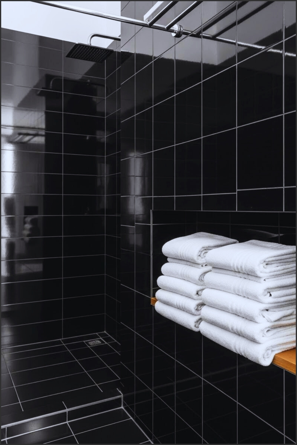 Minimalist Black Tile Bathroom With Neatly Stacked Fluffy
