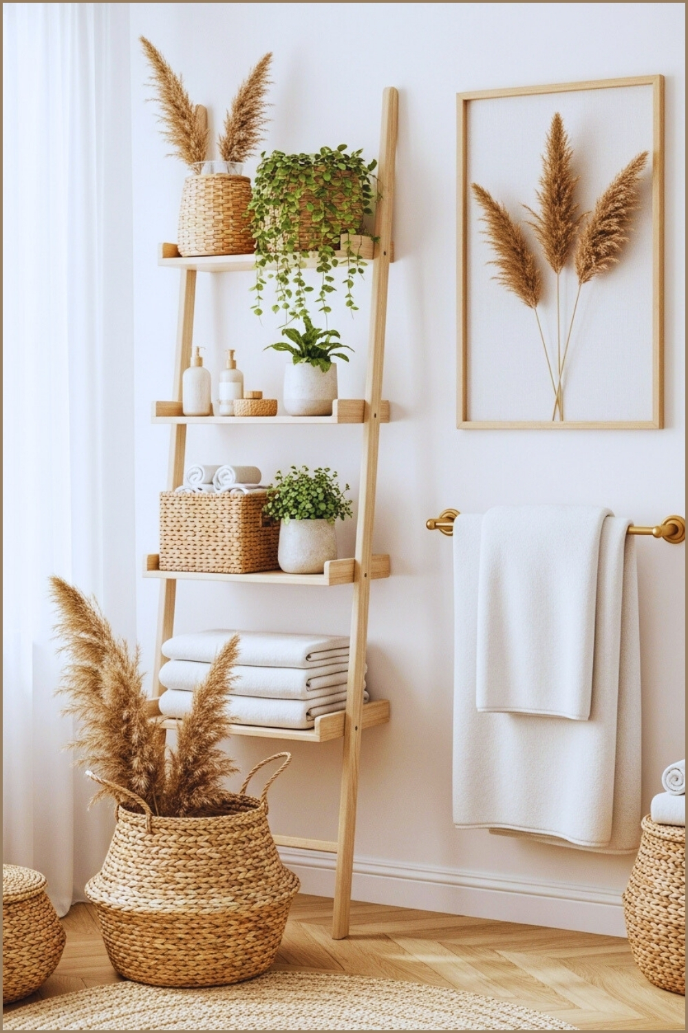 Minimalist Boho Bathroom With Wooden Ladder Shelf
