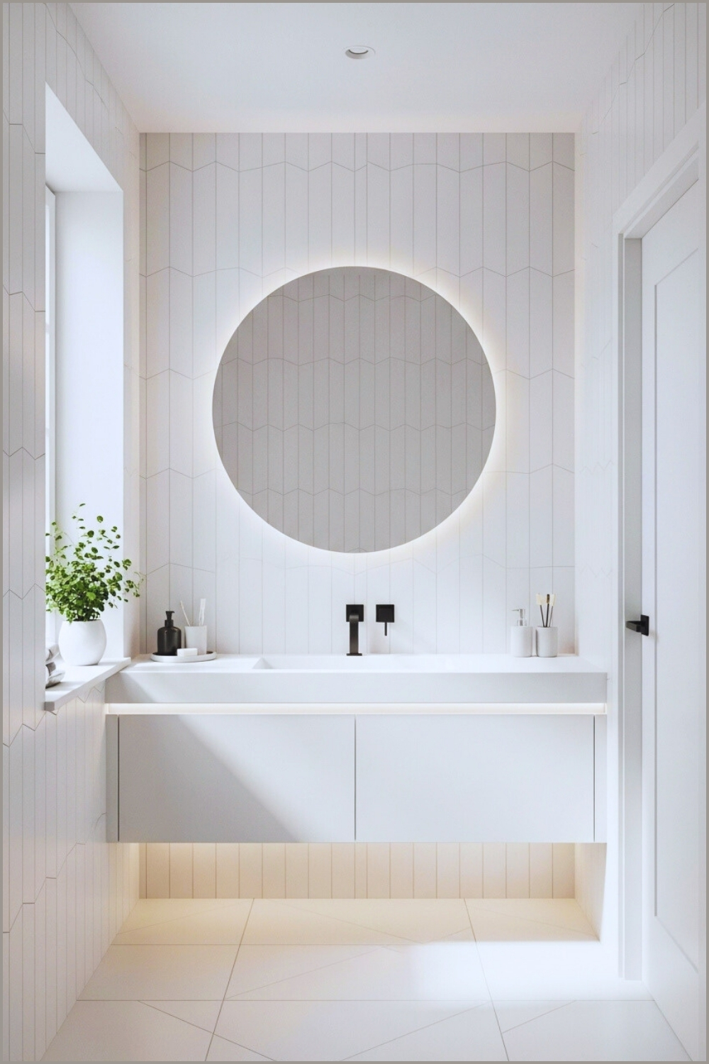 Minimalist Compact Bathroom, All White Interior, Round Mirror