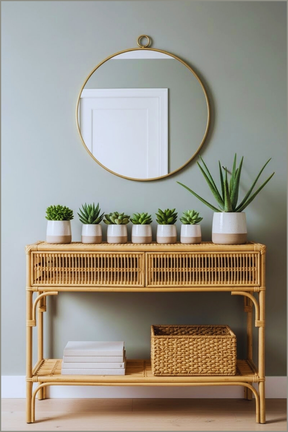 Minimalist Cottage Entryway Vignette Natural Rattan Console