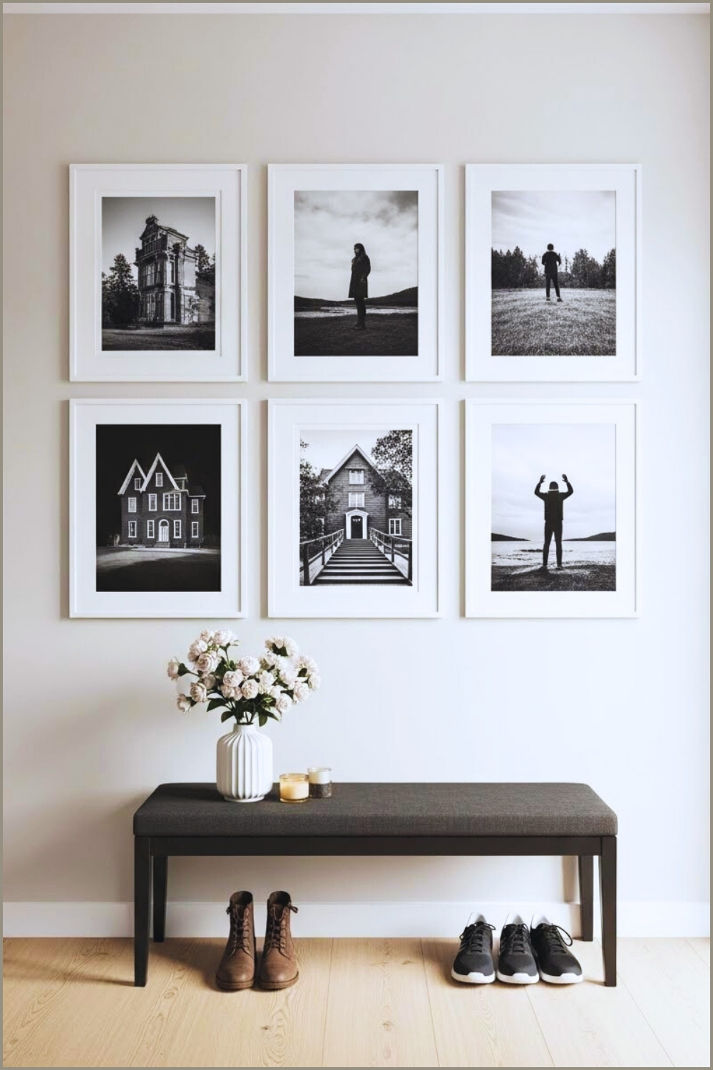 Minimalist Entryway Gallery Wall With Black And White Photography