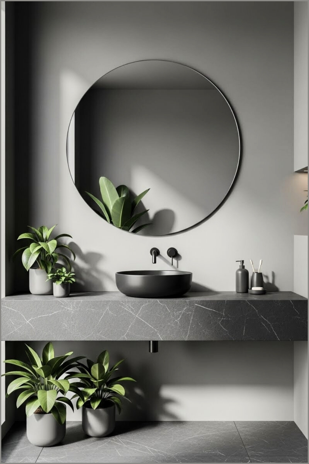 Minimalist Grey Bathroom With Large Round Mirror