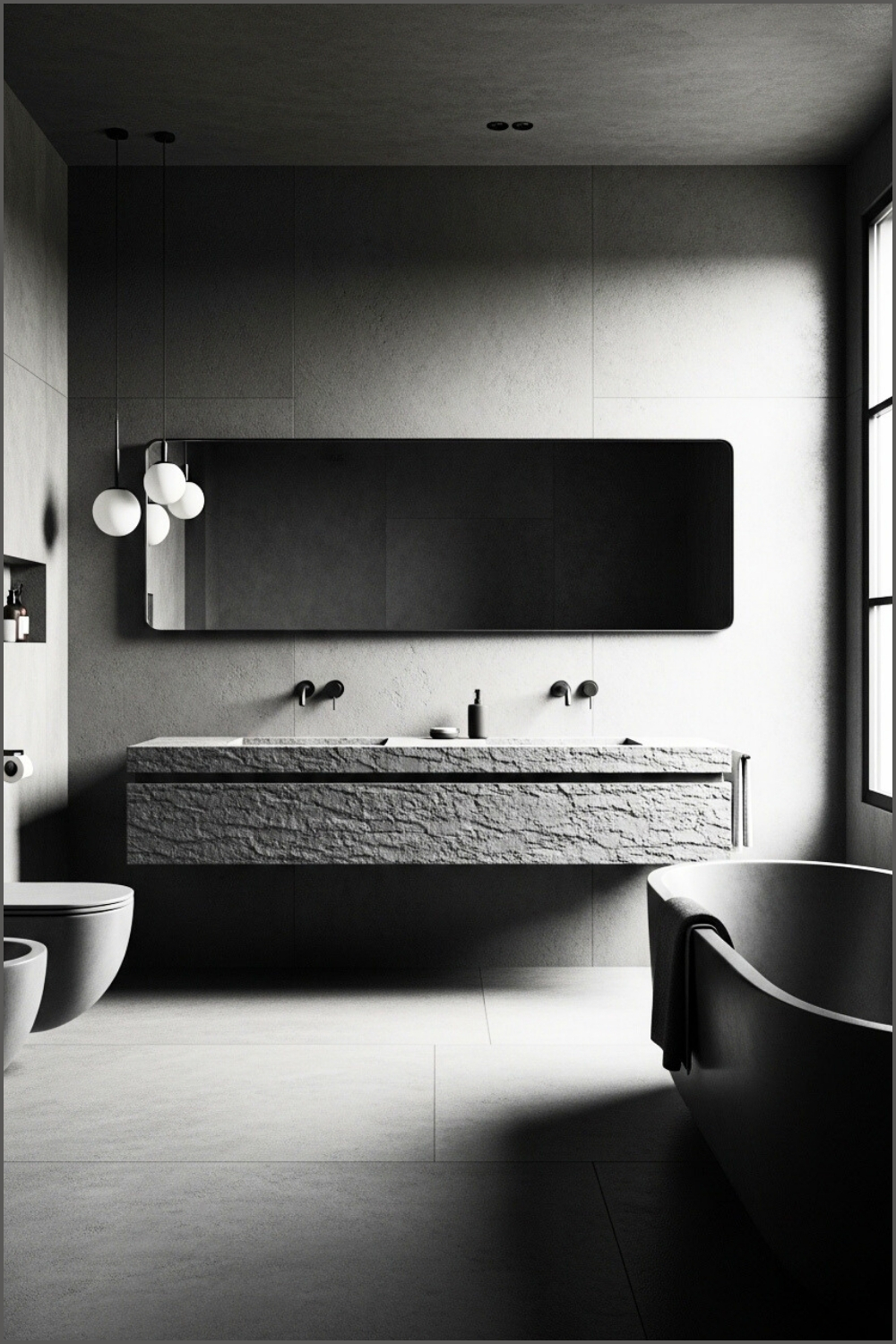 Minimalist Grey Stone Bathroom With Oversized Horizontal Mirror
