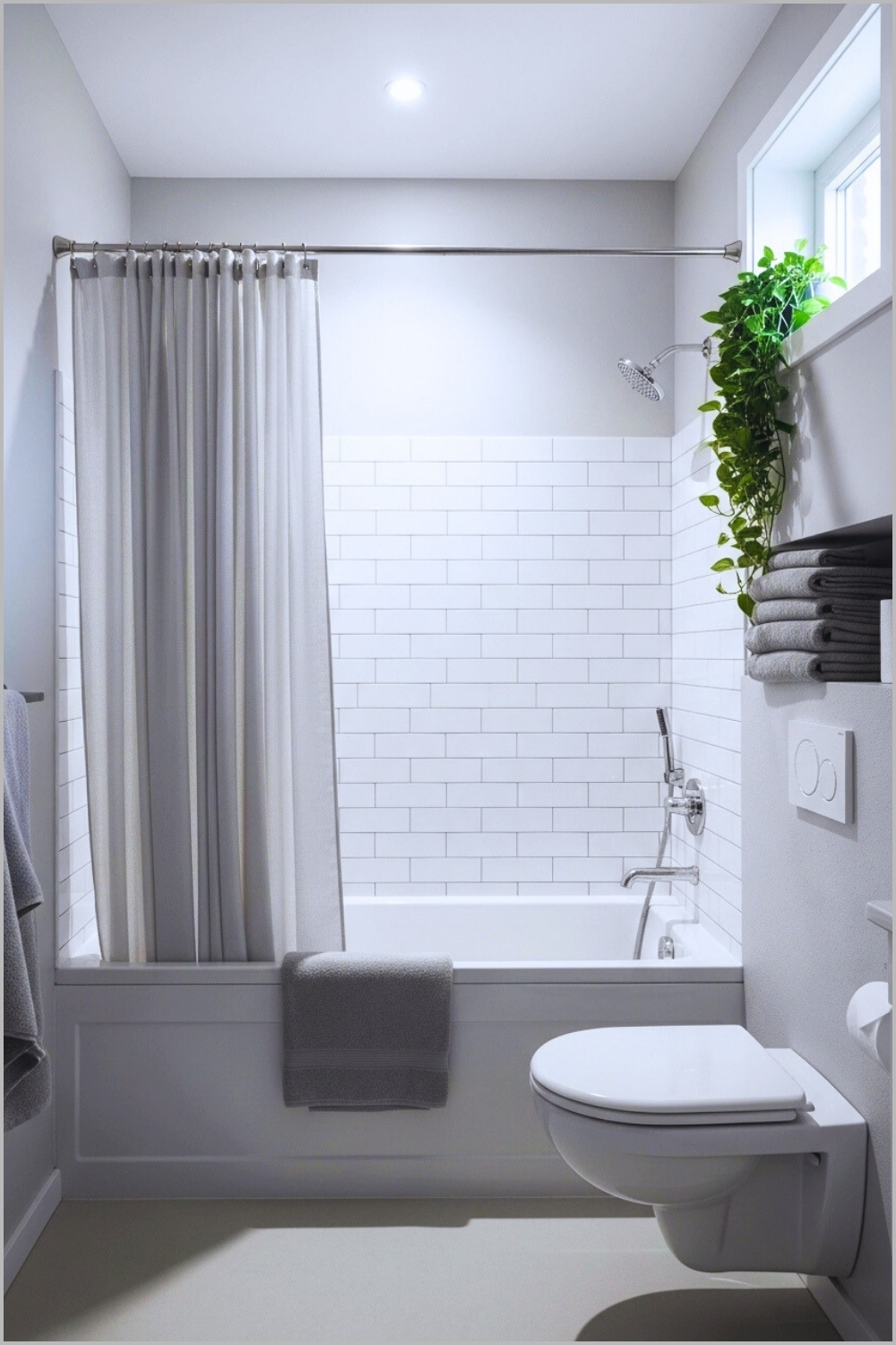 Minimalist Light Gray Bathroom With White Bathtub And Subway