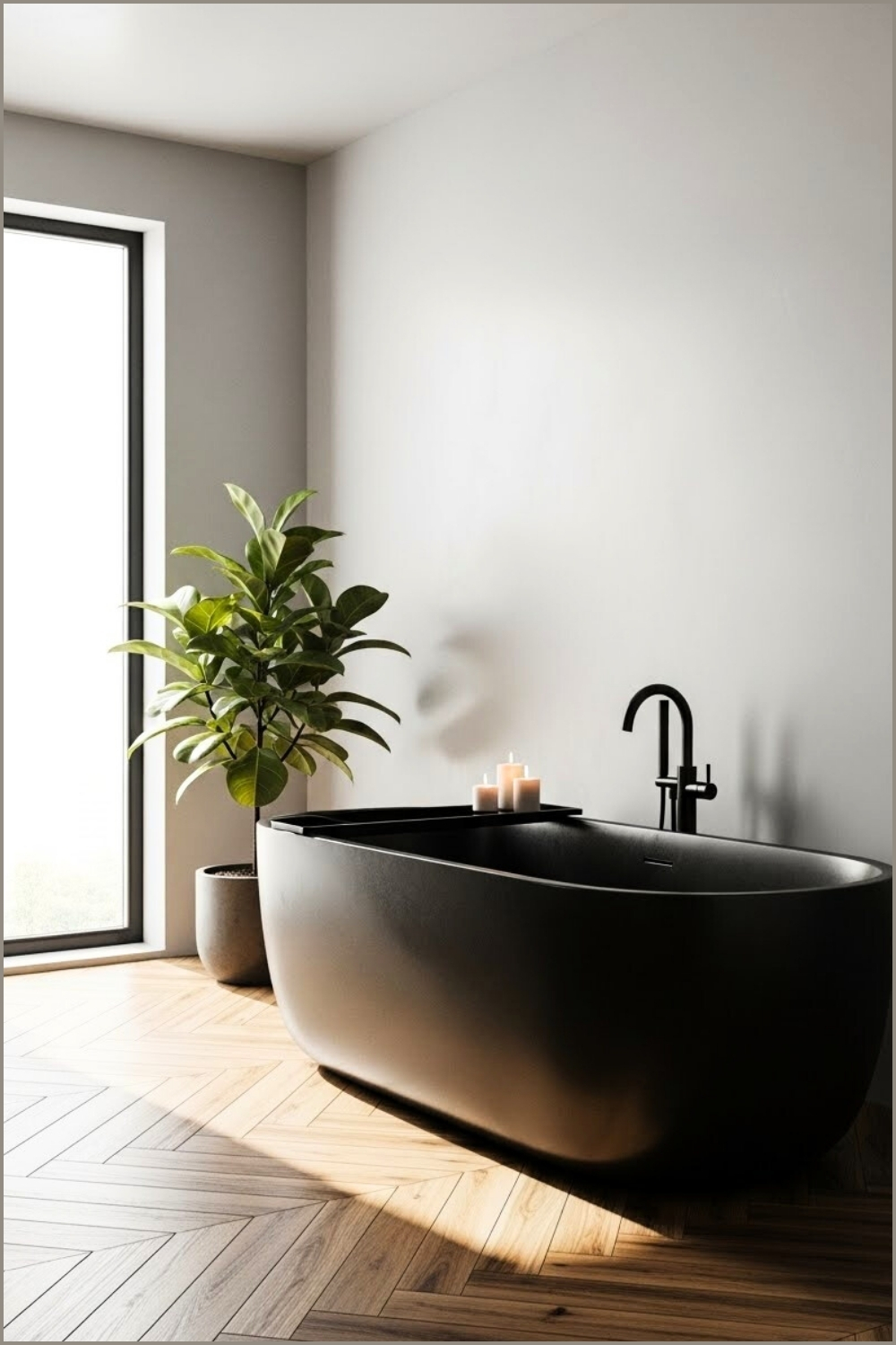 Minimalist Modern Bathroom Featuring A Matte Black Stone Tub