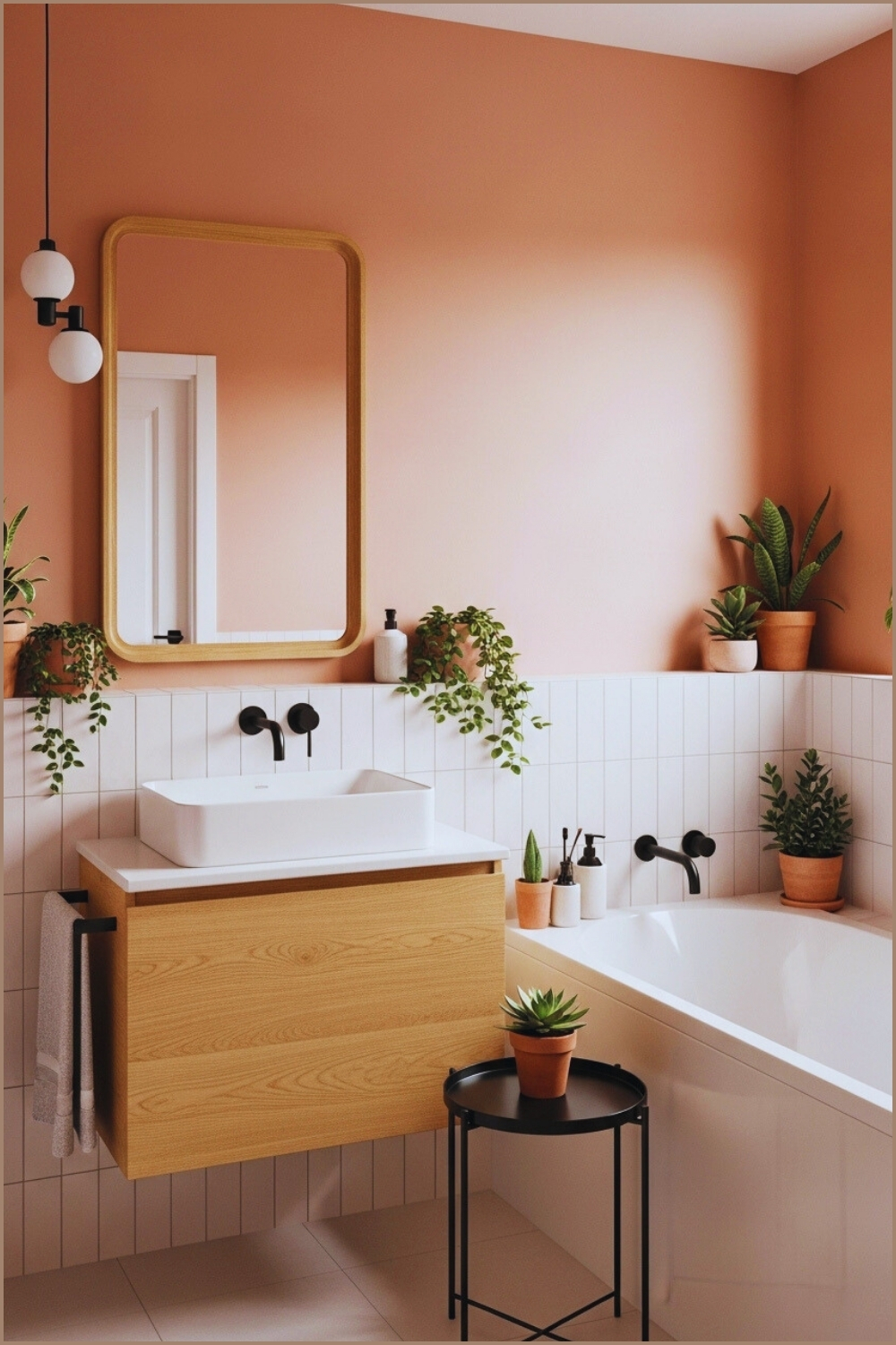 Minimalist Modern Bathroom In Warm Blush Pink, Soft White Tile Details