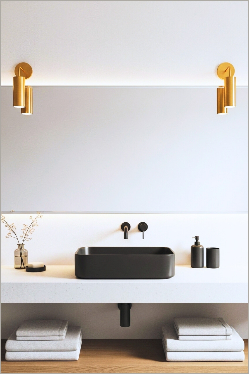 Minimalist Modern Bathroom, Matte Black Vessel Sink, Linear Mirror