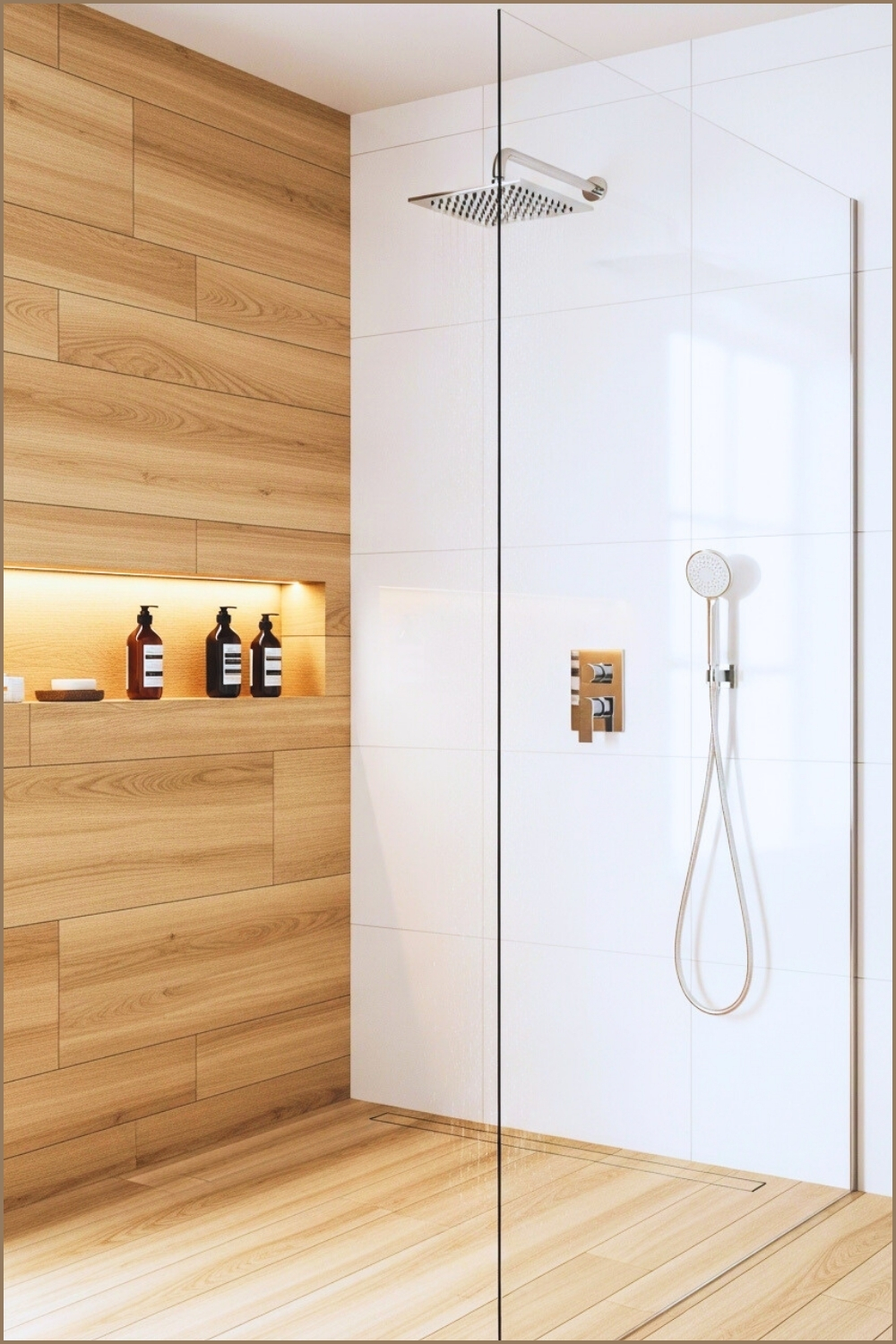 Minimalist Modern Bathroom Shower, Warm Wood-look Wall Tiles