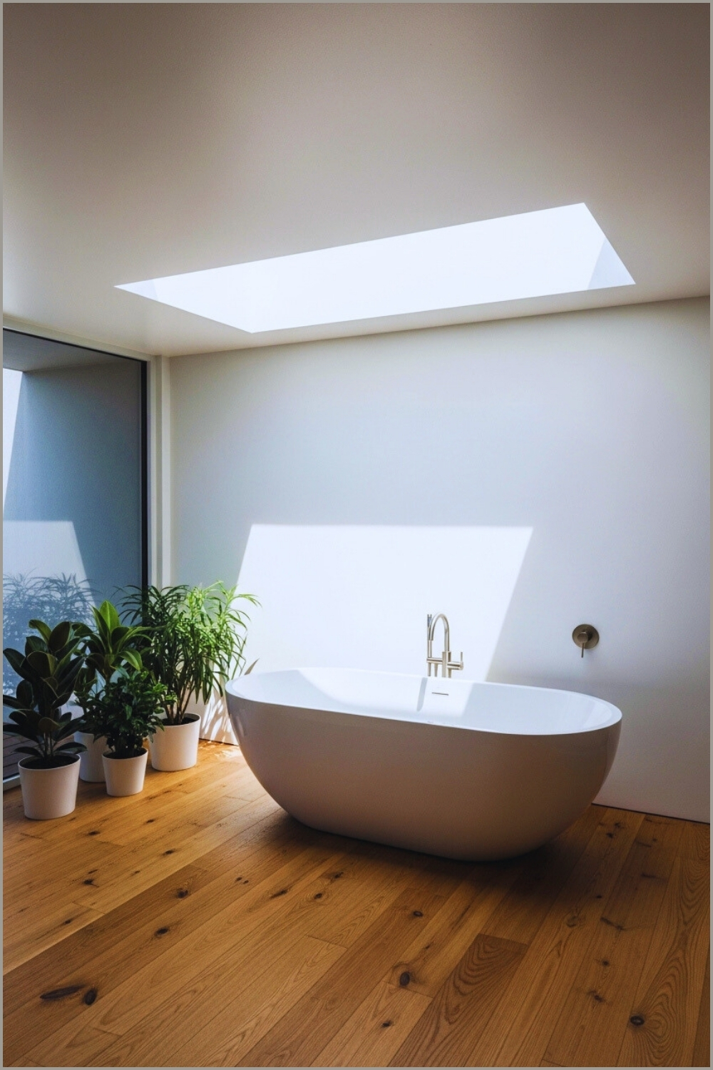 Minimalist Modern Bathroom, Wide Wooden Plank Flooring
