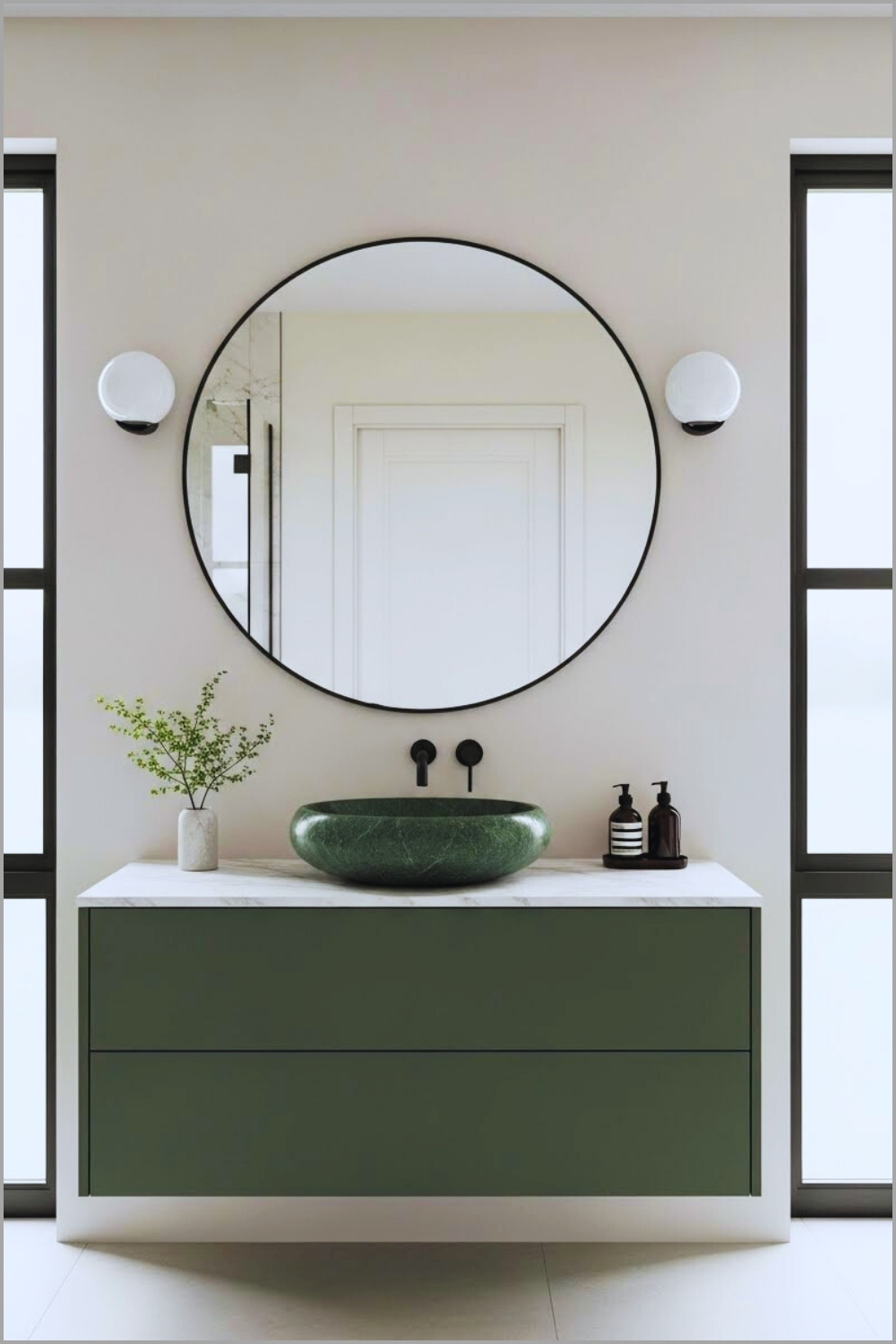 Minimalist Modern Bathroom With Matte Forest-green Vanity