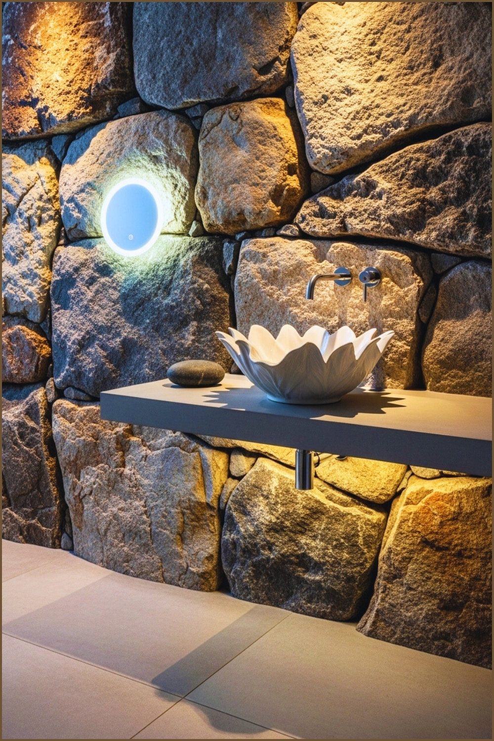 Minimalist Natural Bathroom With Textured Rock Wall