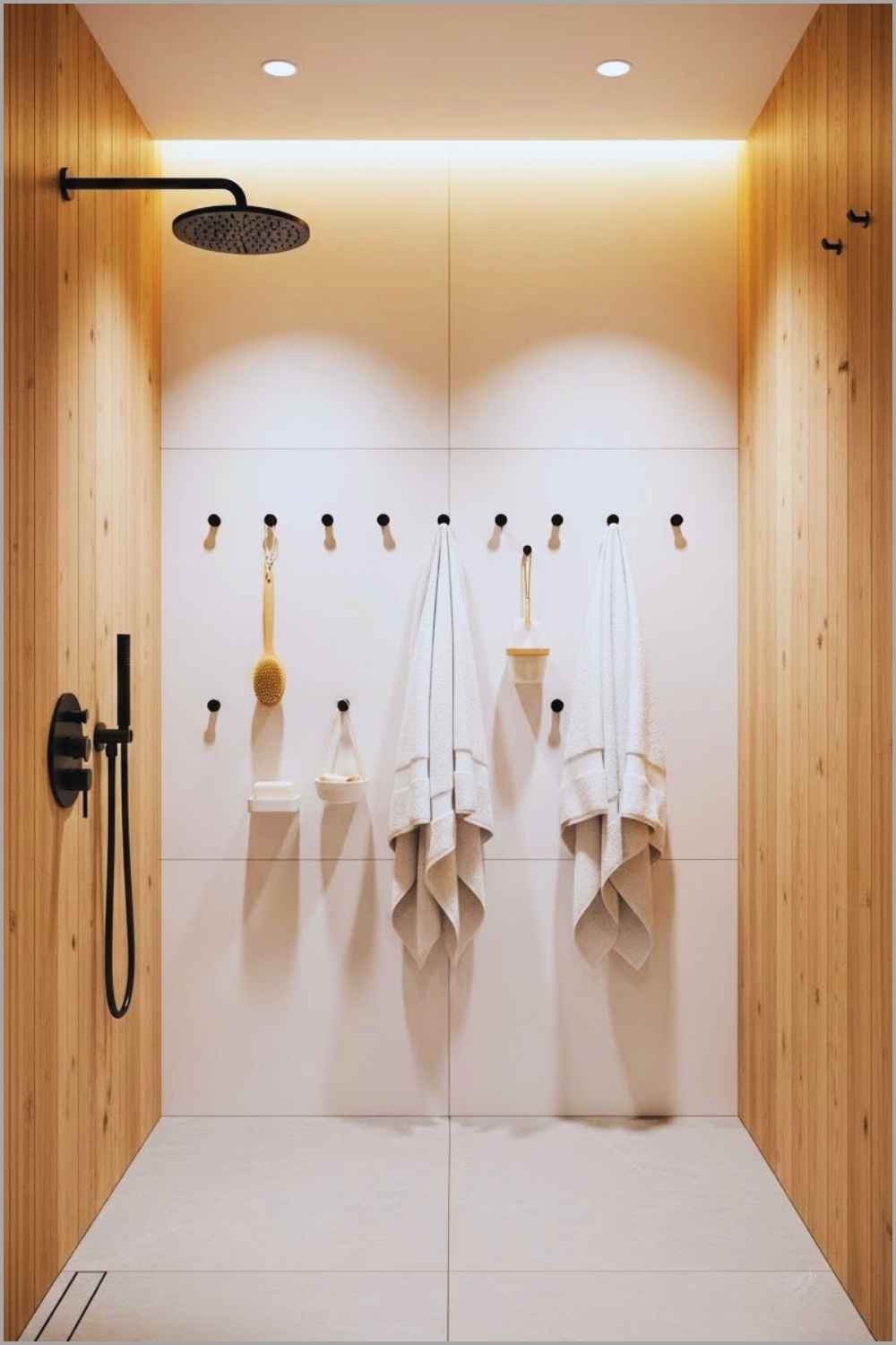 Minimalist Shower Space Featuring Light Wood Paneling