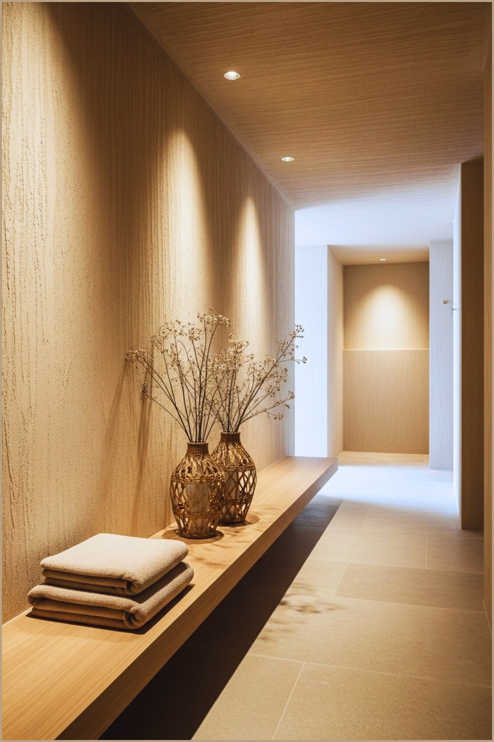 Minimalist Spa Bathroom Corridor, Beige Textured Walls
