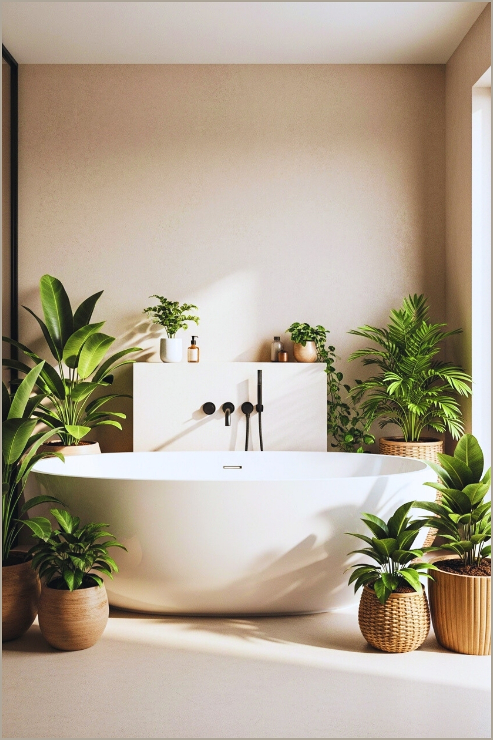 Minimalist Spa Inspired Bathroom With Large White Freestanding