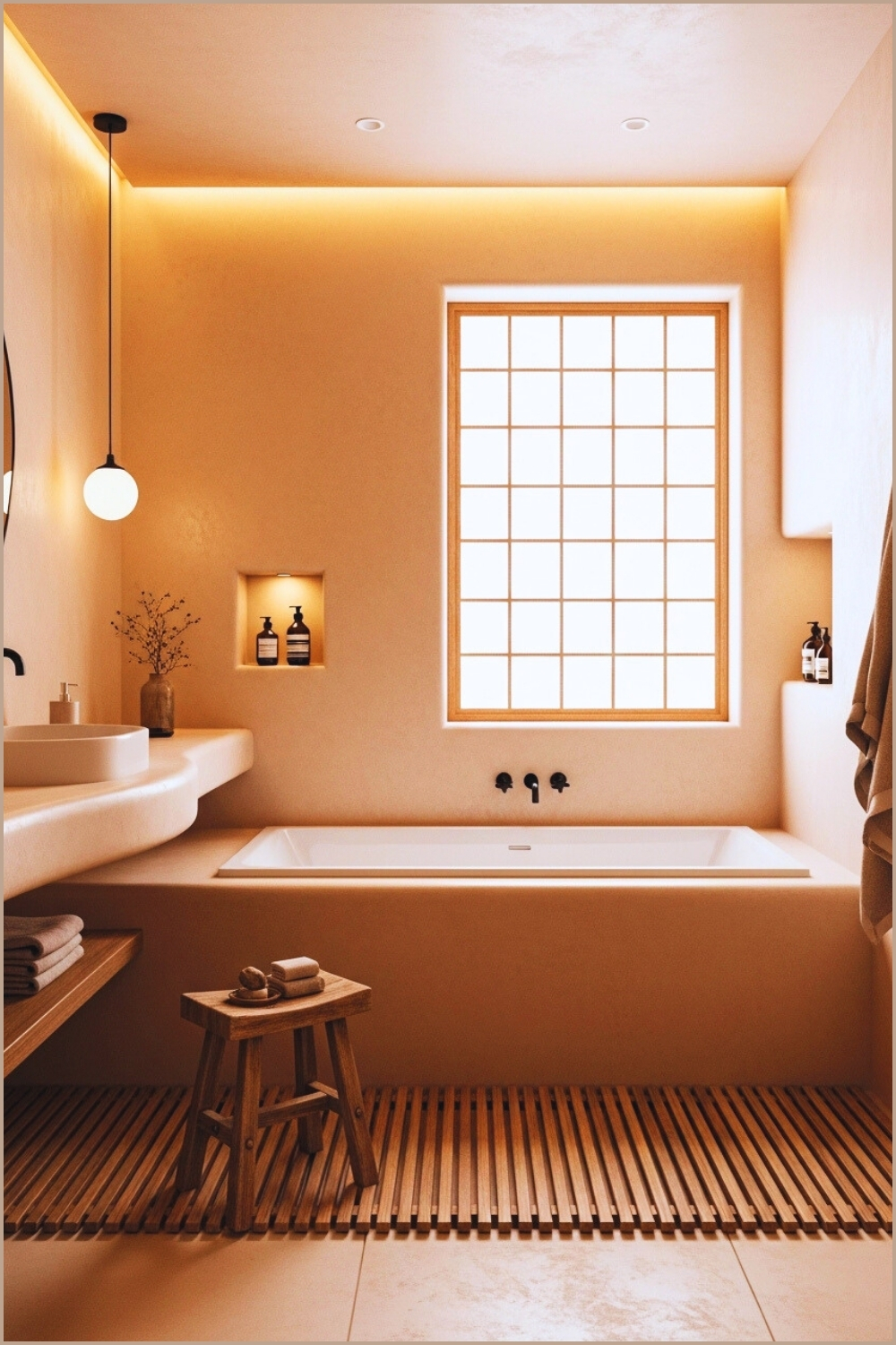 Minimalist Wabi Sabi Bathroom With Soft Beige Plaster Walls