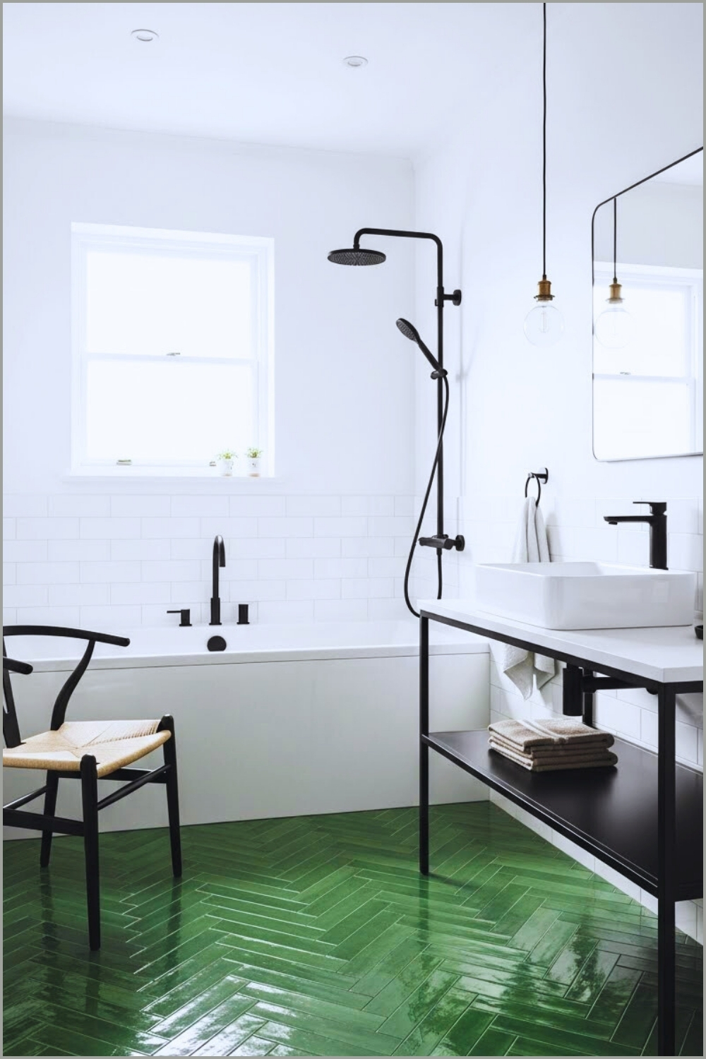 Minimalist White Bathroom With Glossy Green Herringbone