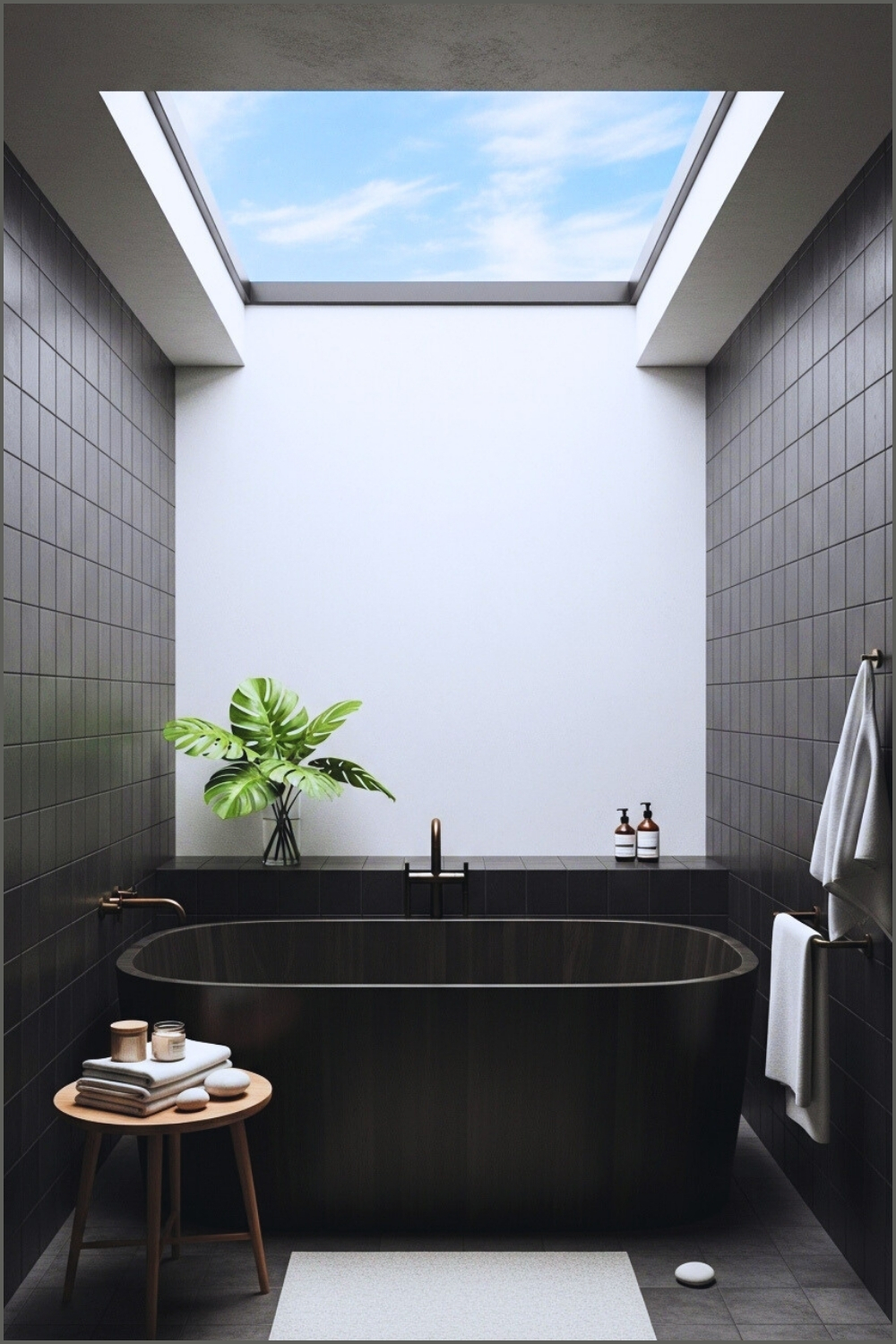 Minimalist Zen Bathroom With Deep Wooden Soaking Tub